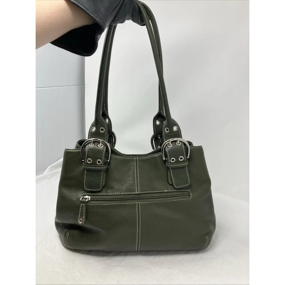 Tignanello LEATHER Handbag Purse Bag Green Pebbled Satchel Top Handles